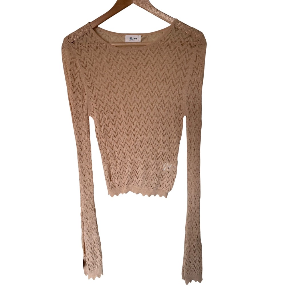 Bluivy Pointelle Knit Top Women M Tan Excellent Chevron Scalloped y2k